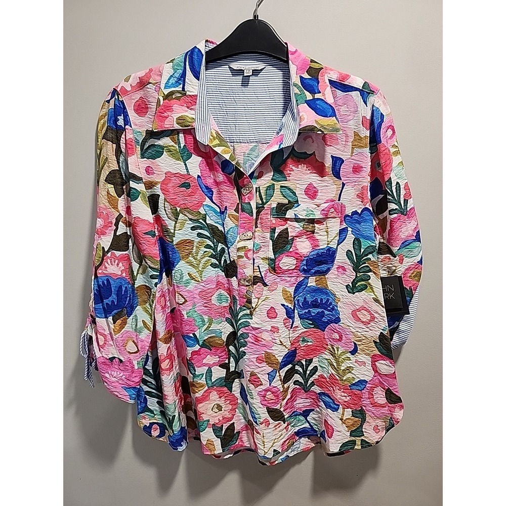 John Mark NWT Tunic Blouse Womens PM Multicolor Floral Cinch Sleeve Button Front